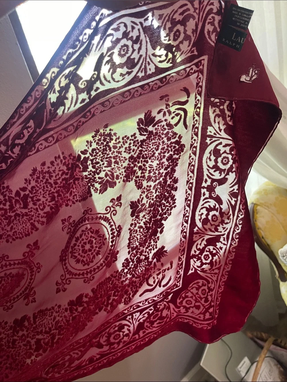 Lauren Ralph Lauren Deep Burgundy Burnout Velvet Scarf Rayon Silk